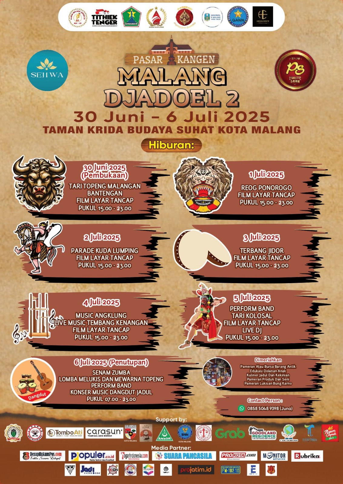 Poster Pasar Kangen Malang Djadoel 2025 di Taman Krida Budaya, didukung oleh Tombo Ati Tour sebagai sponsor