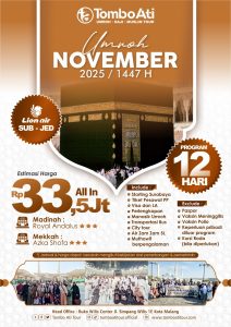Brosur Paket Umroh November 2025 Tombo Ati Tour program 12 hari harga Rp33,5 juta Lion Air Surabaya Jeddah hotel Royal Andalus dan Azka Shofa