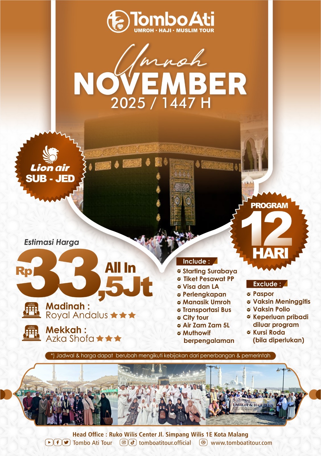 Brosur Paket Umroh November 2025 Tombo Ati Tour program 12 hari harga Rp33,5 juta Lion Air Surabaya Jeddah hotel Royal Andalus dan Azka Shofa