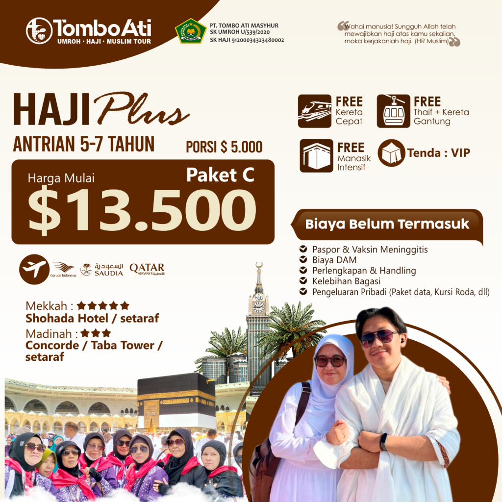 Paket Haji Plus Malang 2025 Tombo Ati Tour – Harga mulai USD 13.500 dengan fasilitas hotel bintang 5, visa resmi pemerintah, dan bimbingan manasik lengkap