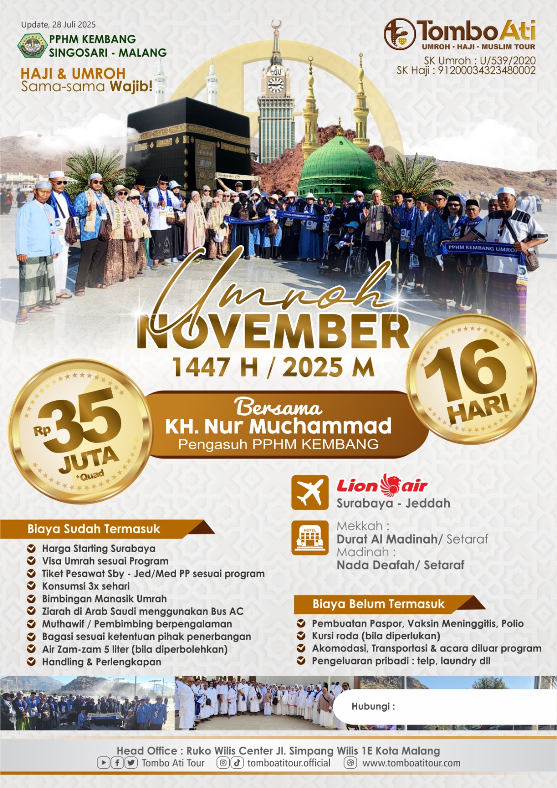 Paket Umroh November 2025 16 Hari bersama KH. Nur Muchammad Tombo Ati Tour Malang