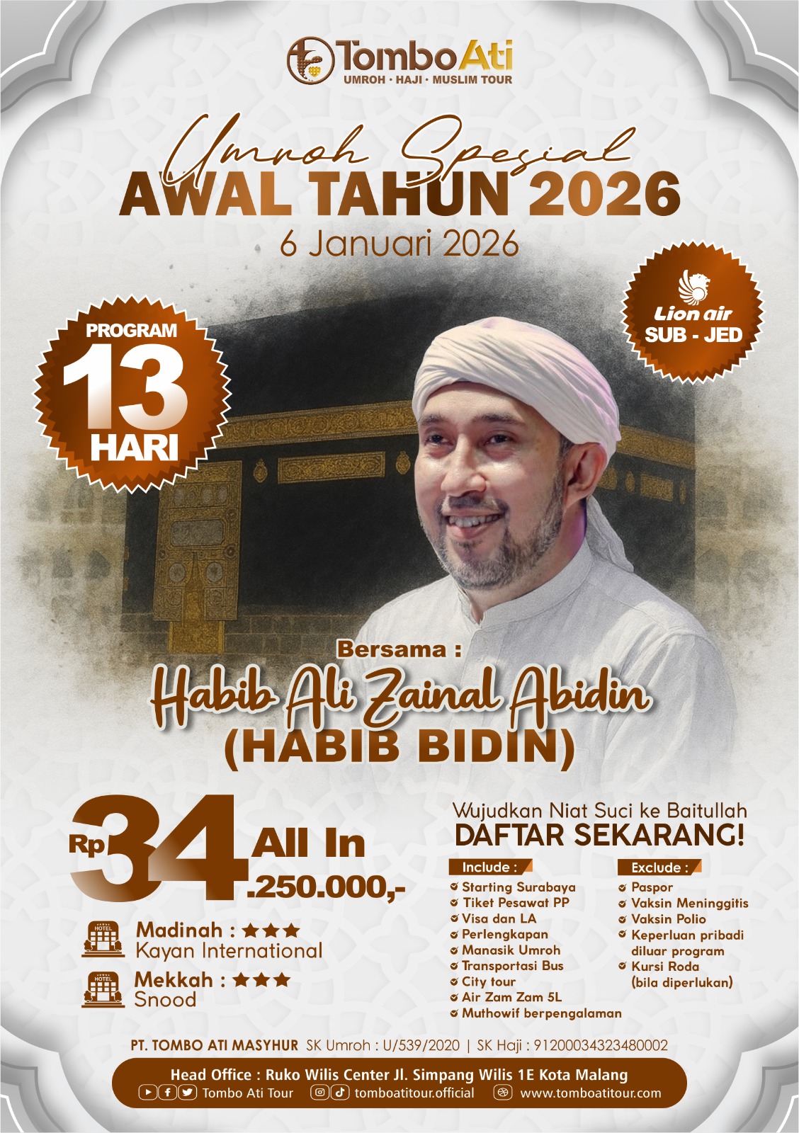 Umroh Spesial Awal Tahun 2026 Bersama Habib Ali Zainal Abidin Habib Bidin Tombo Ati Tour Surabaya - Jeddah 13 Hari Harga 34 Juta