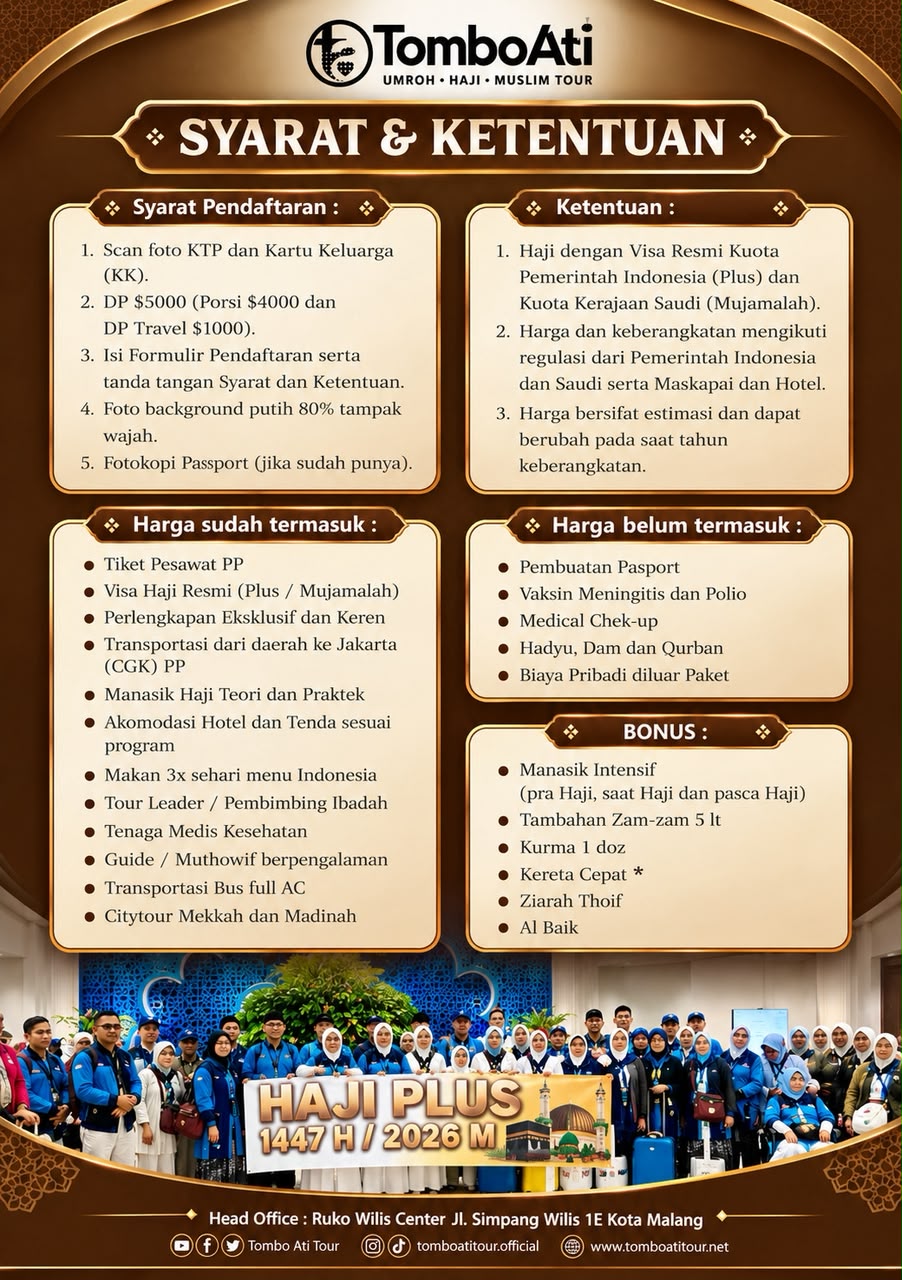 Haji Plus 2027: Syarat, Biaya, dan Pilihan Paket Tombo Ati Tour 1 Syarat dan ketentuan paket Haji Plus 2027