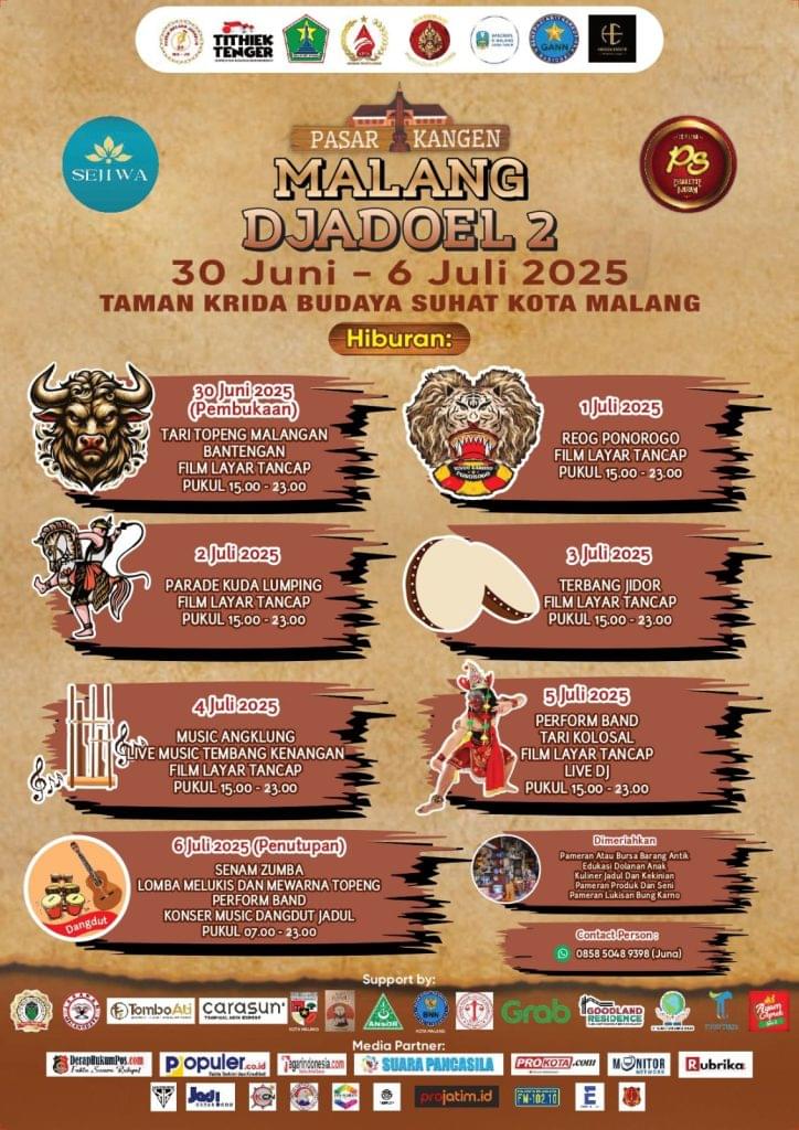 Poster Pasar Kangen Malang Djadoel 2025 di Taman Krida Budaya, didukung oleh Tombo Ati Tour sebagai sponsor