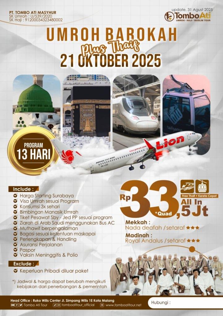 Jamaah Umroh Plus Thaif 13 Hari 21 Oktober 2025 bersama Tombo Ati Tour