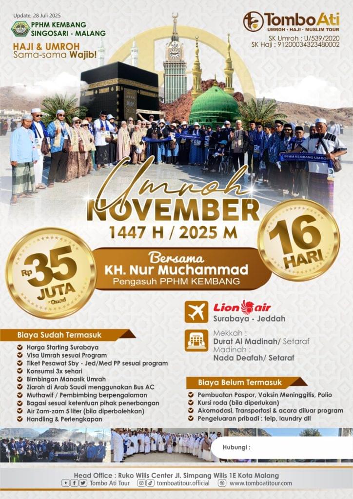 Program Umroh November 2025 bersama KH. Nur Muchammad 16 Hari – Tombo Ati Tour Malang