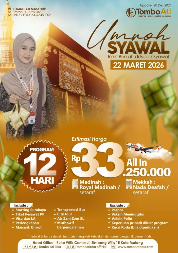 Paket Umroh Syawal 2026 berangkat 22 Maret bersama Tombo Ati Tour